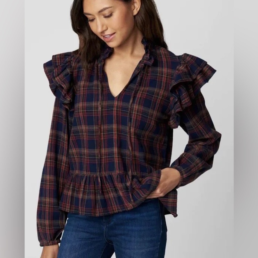 Blank NYC Women’s On The Streets Plaid Keyhole Ruffle Shirt NWT